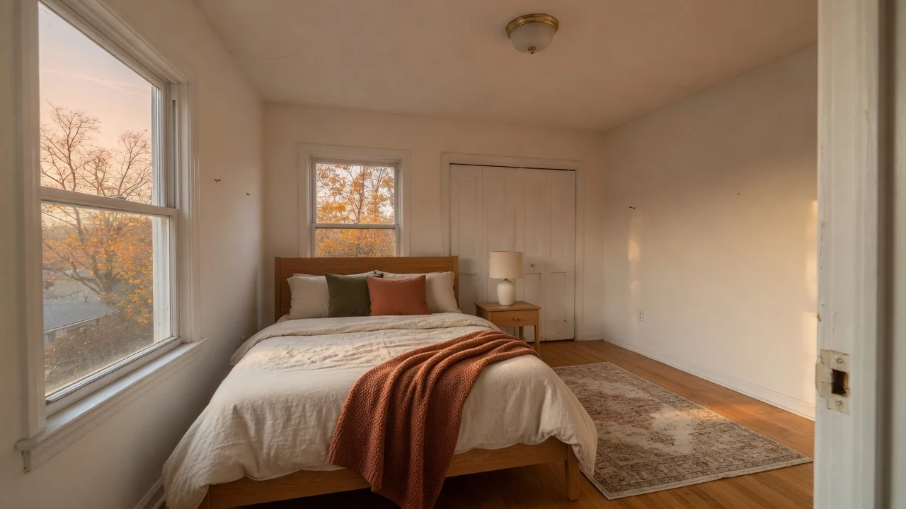 Empty bedroom to fall listing proof: generated autumn-light staged sample